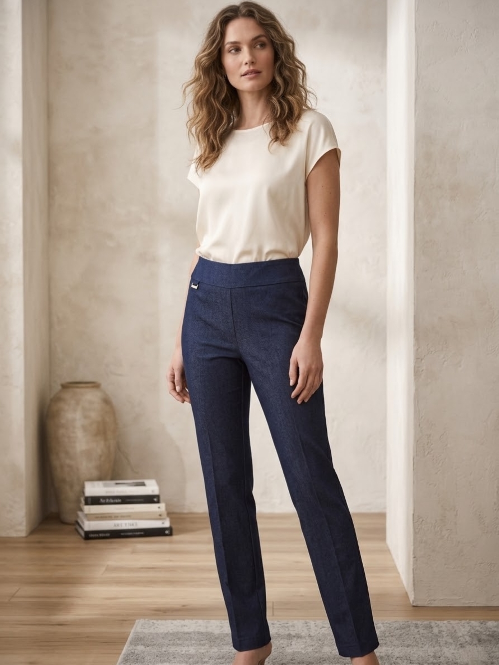 Jenna Rose High-Rise Straight-Leg Pants in Deep Blue